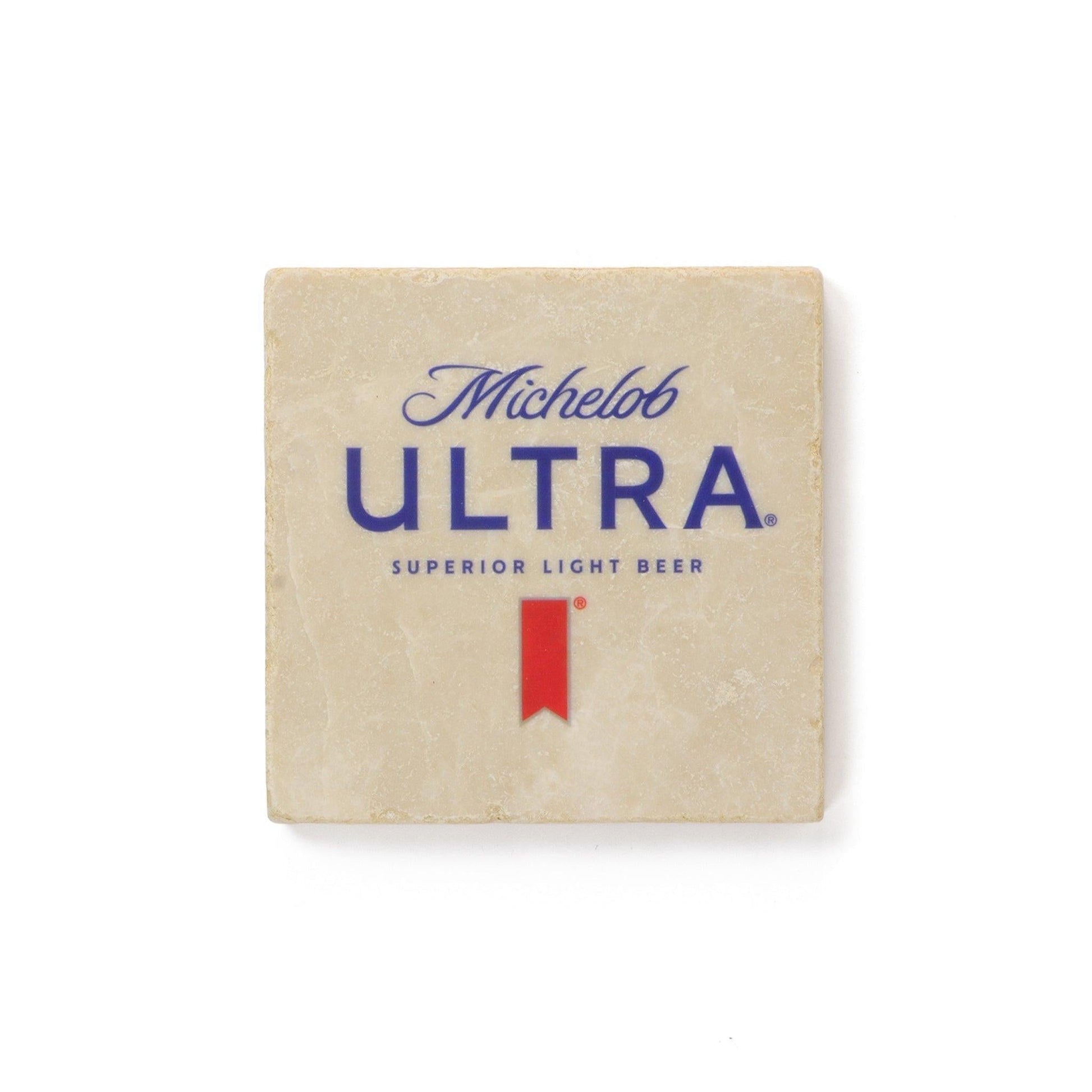 Cream colored square stone coaster with michelob ULTRA Superior Light Beer logo with red ribbon below.