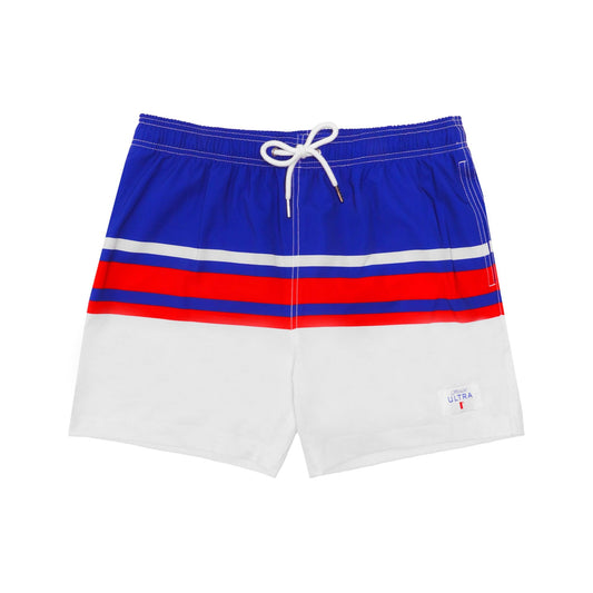 Front of Michelob ULTRA Striped Swim Trunks with drawstrings
