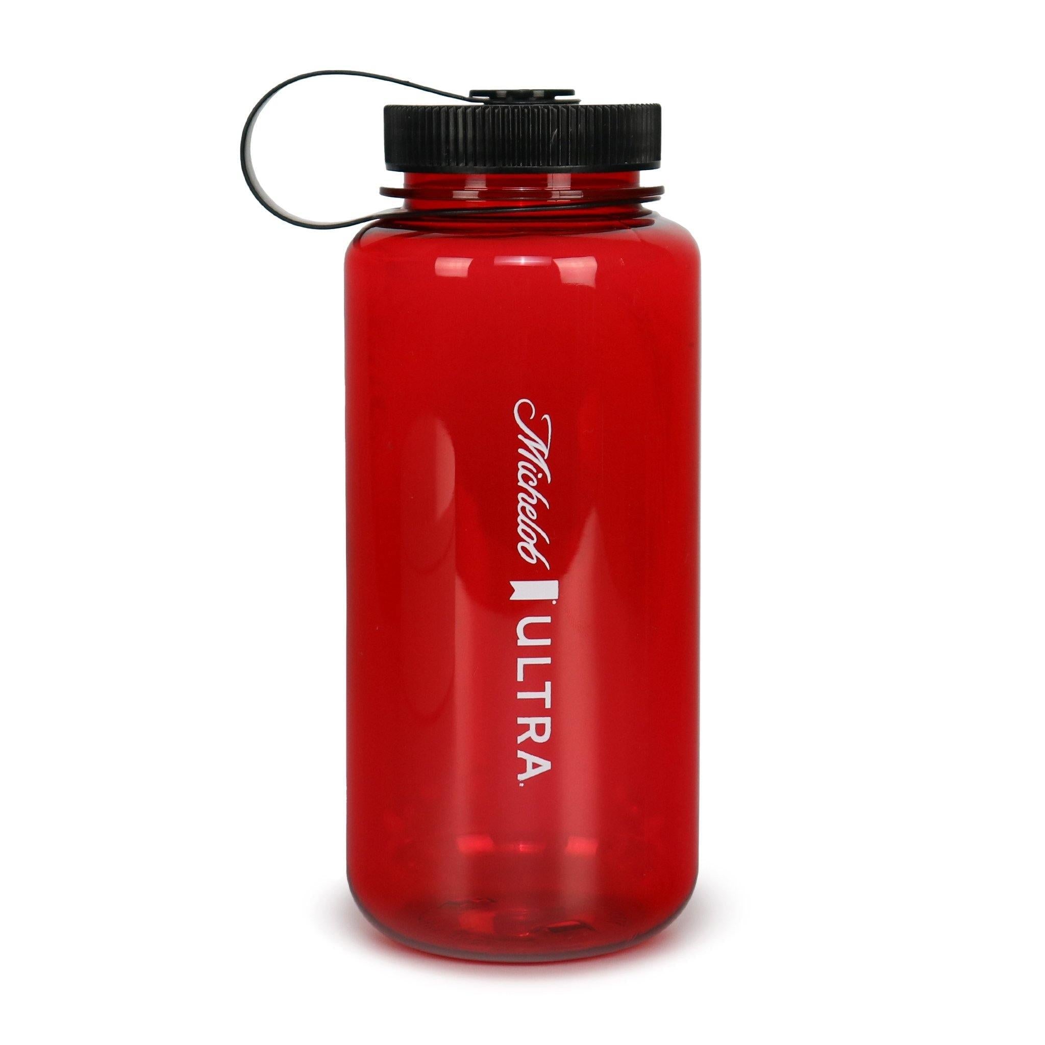 red transparent michelob ultra water bottle with the michelob ultra logo vertical