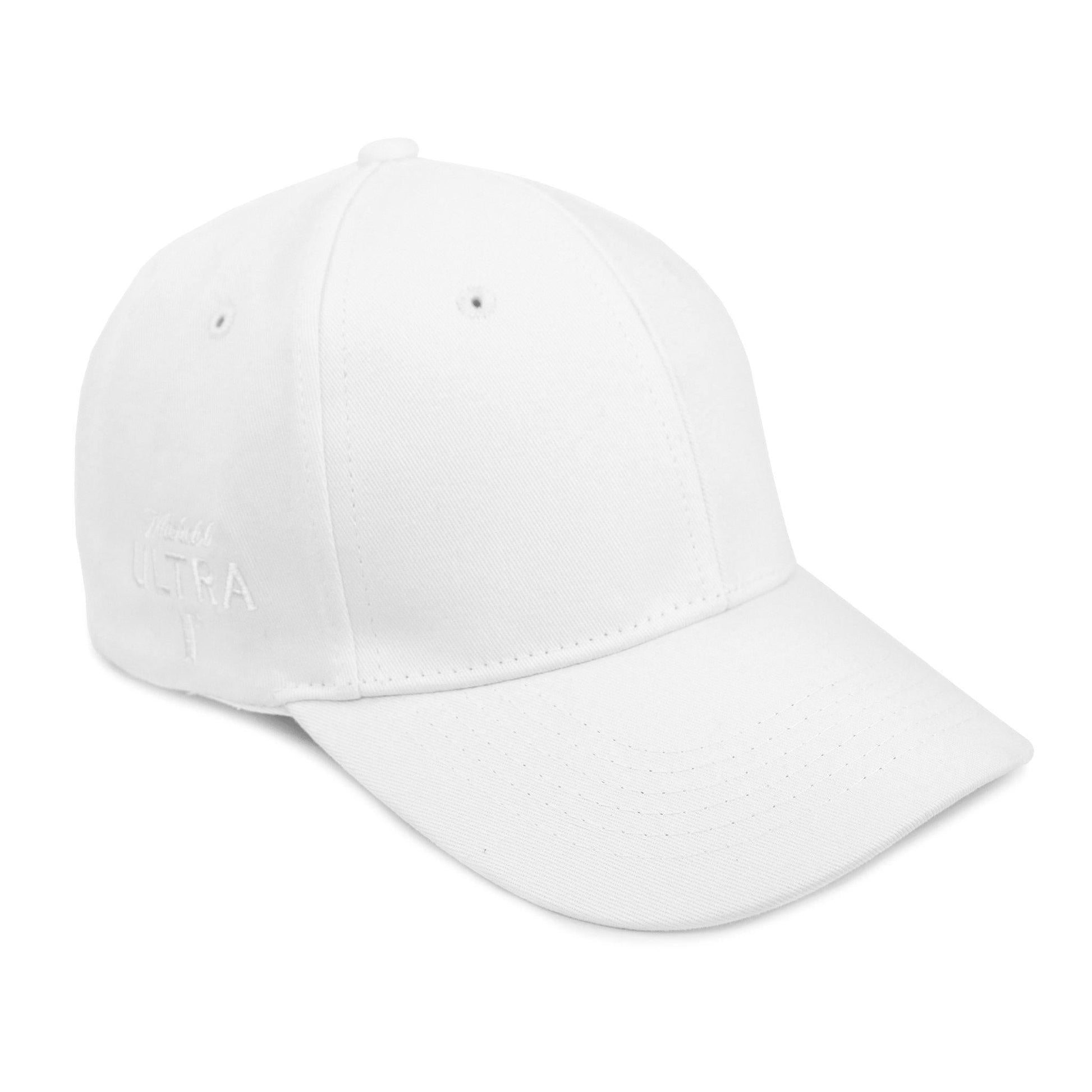 all white hat with michelob ultra logo in white on the right side of hat