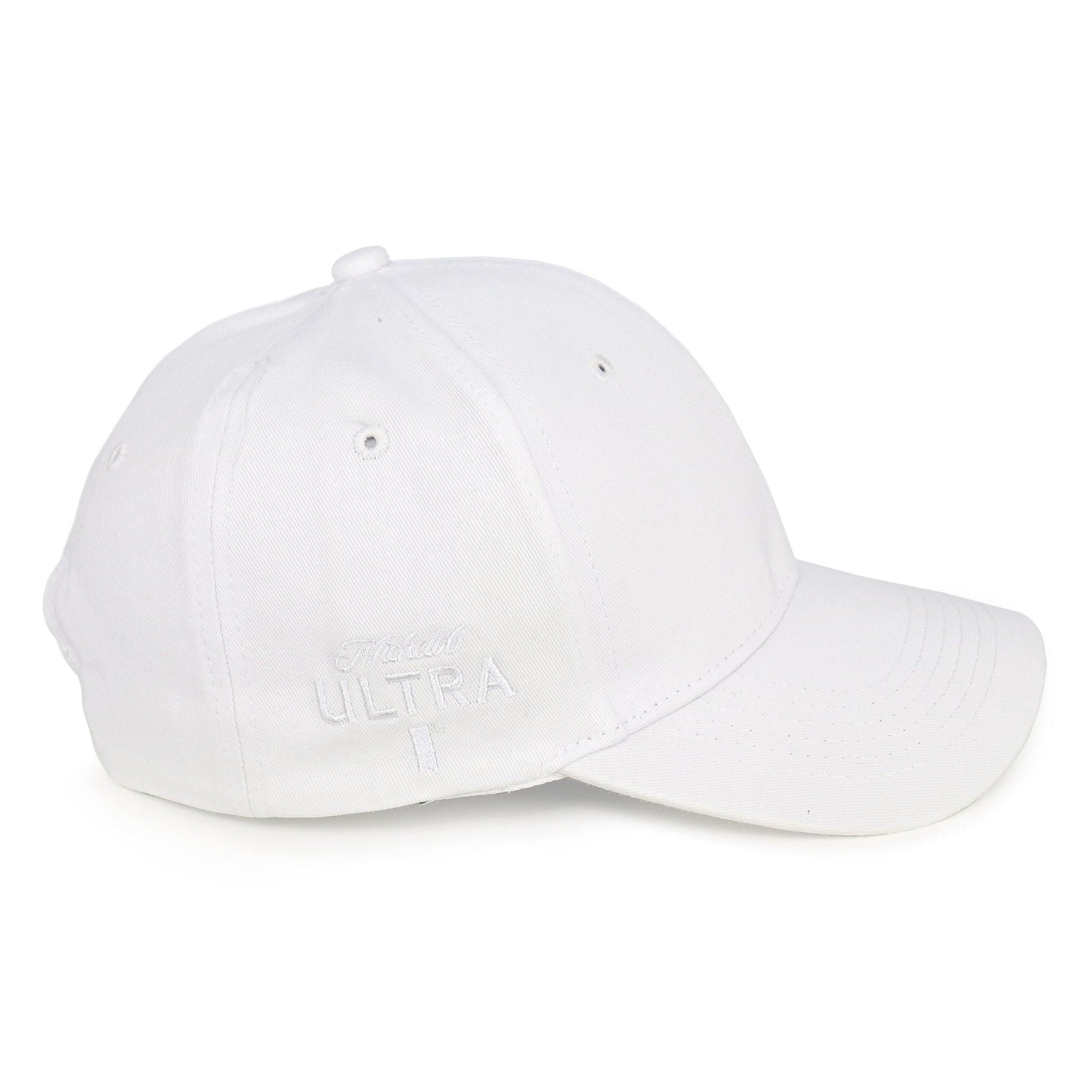 all white hat with michelob ultra logo in white on the right side of hat