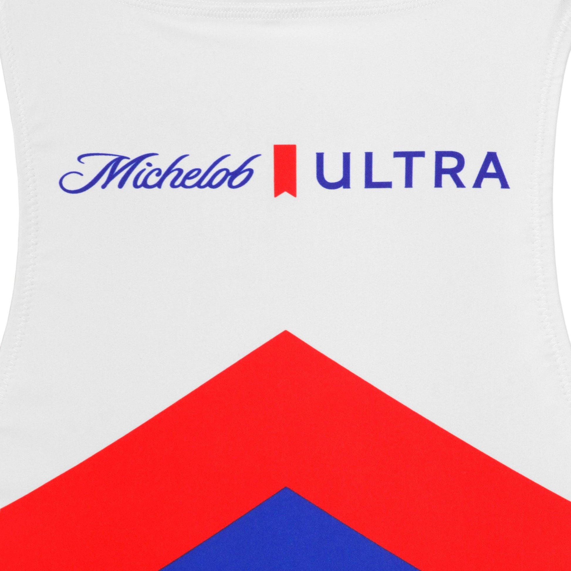 detail michelob ultra on back of swimsuit 