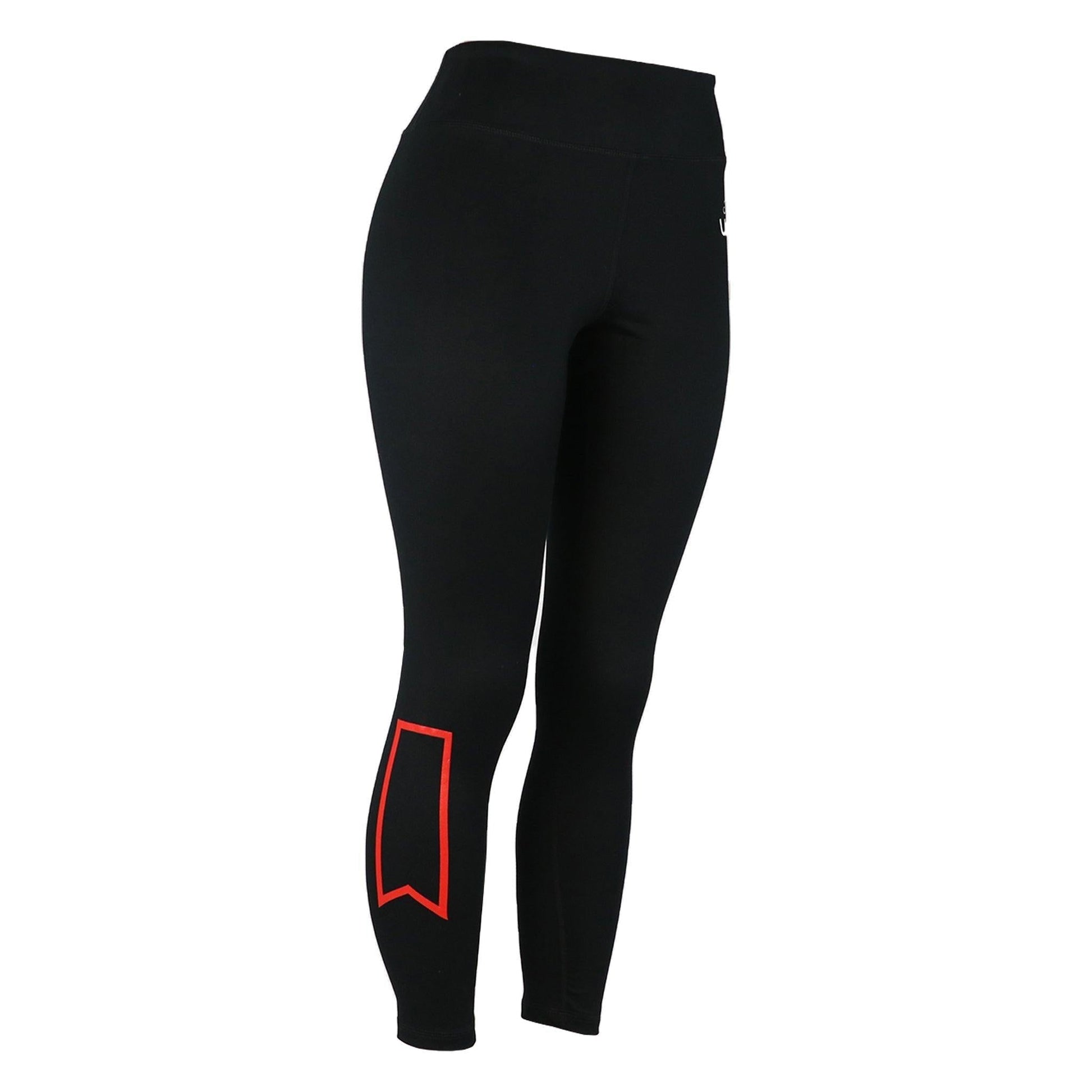 black michelob ultra womens yoga pants with red ribbon on right side of leg and michelob ultra logo on left upper thigh