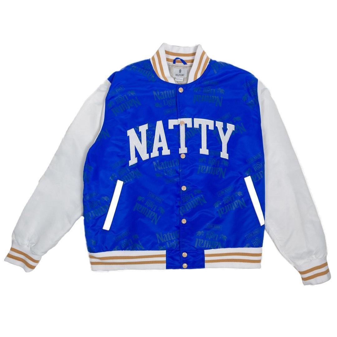 natural light bomber jacket with "NATTY" in all caps displayed in white across the chest 