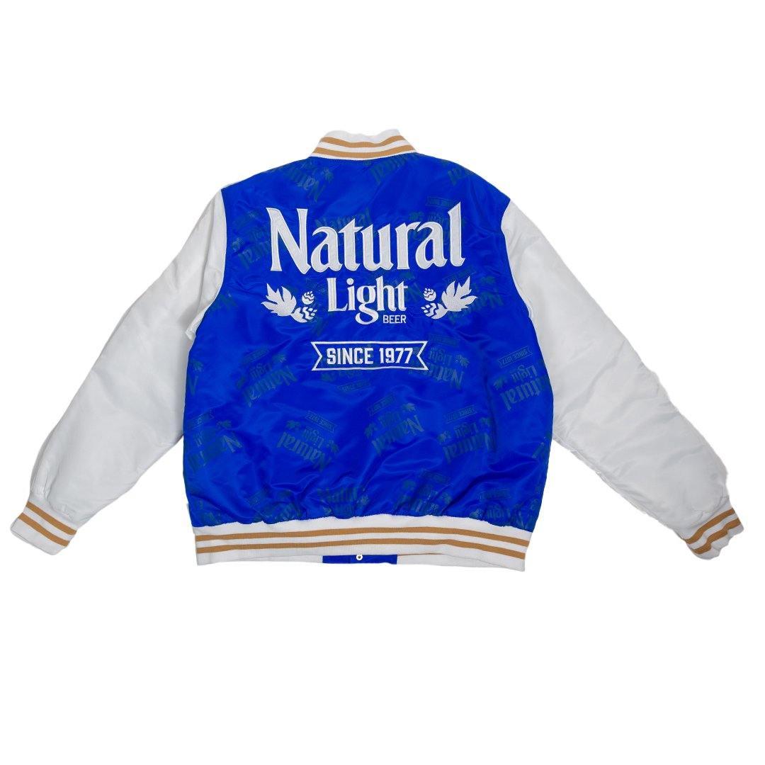 Natural Light beer since 1977") in a navy scatterprint across the whole body of the jacket. 