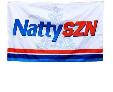 Natural light natty szn flag with a&Eagle watermark in the back and red, navy, and blue stripes going horizontal across the bottom of flag