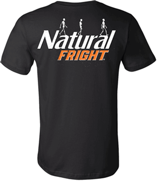 black natural light backprint t shirt with natural light logo in white and orange on the back of shirt with white skeletons walking across logo