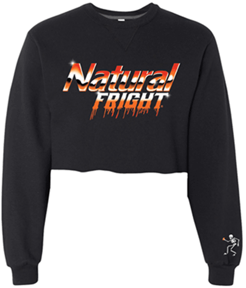 black natural fright womens crop crew sweatshirt with natural light logo in orange, white and black with "fright" in place of "light". white skull on left lower sleeve