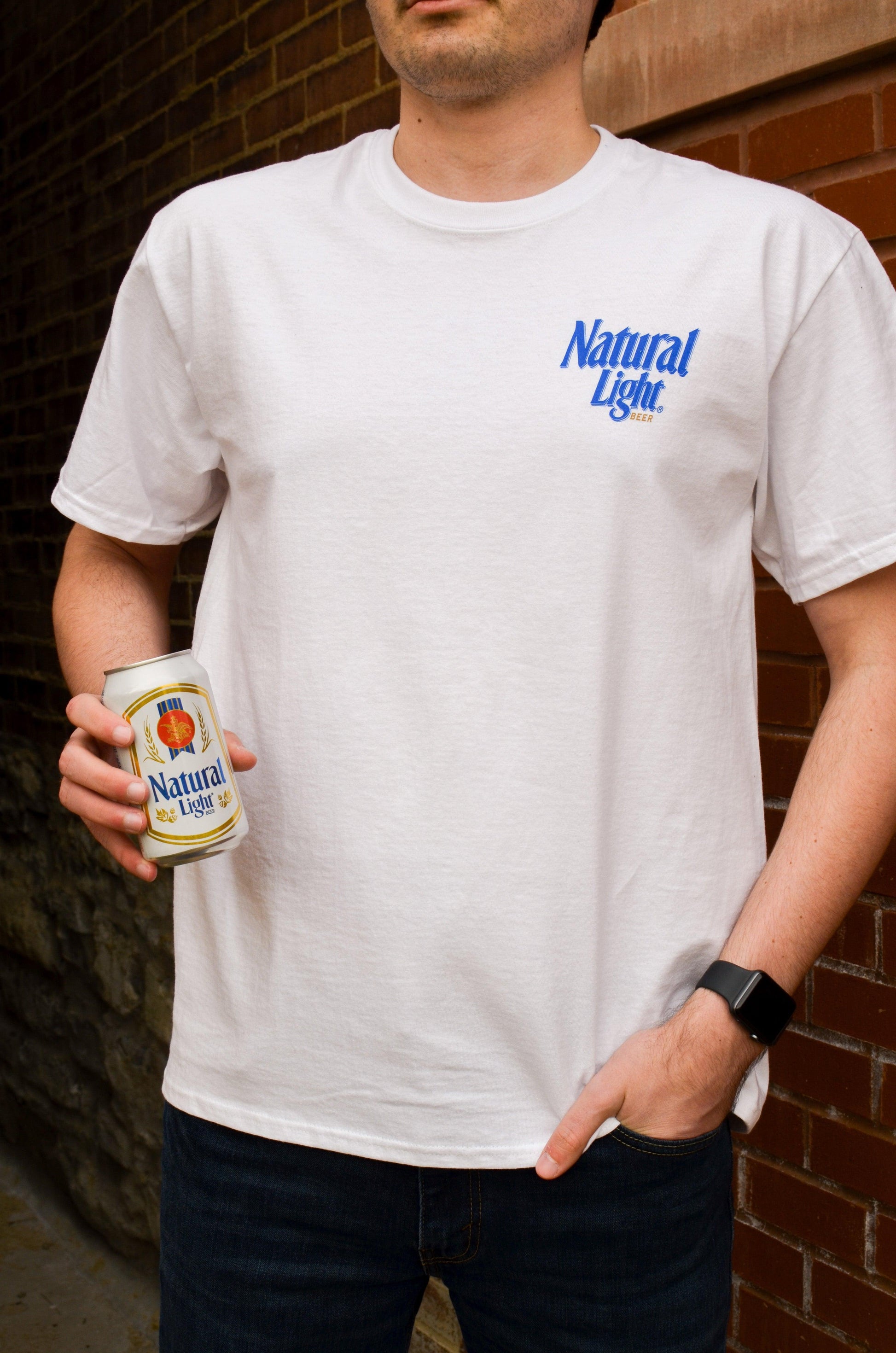 man wearing white natural light act natural t shirt