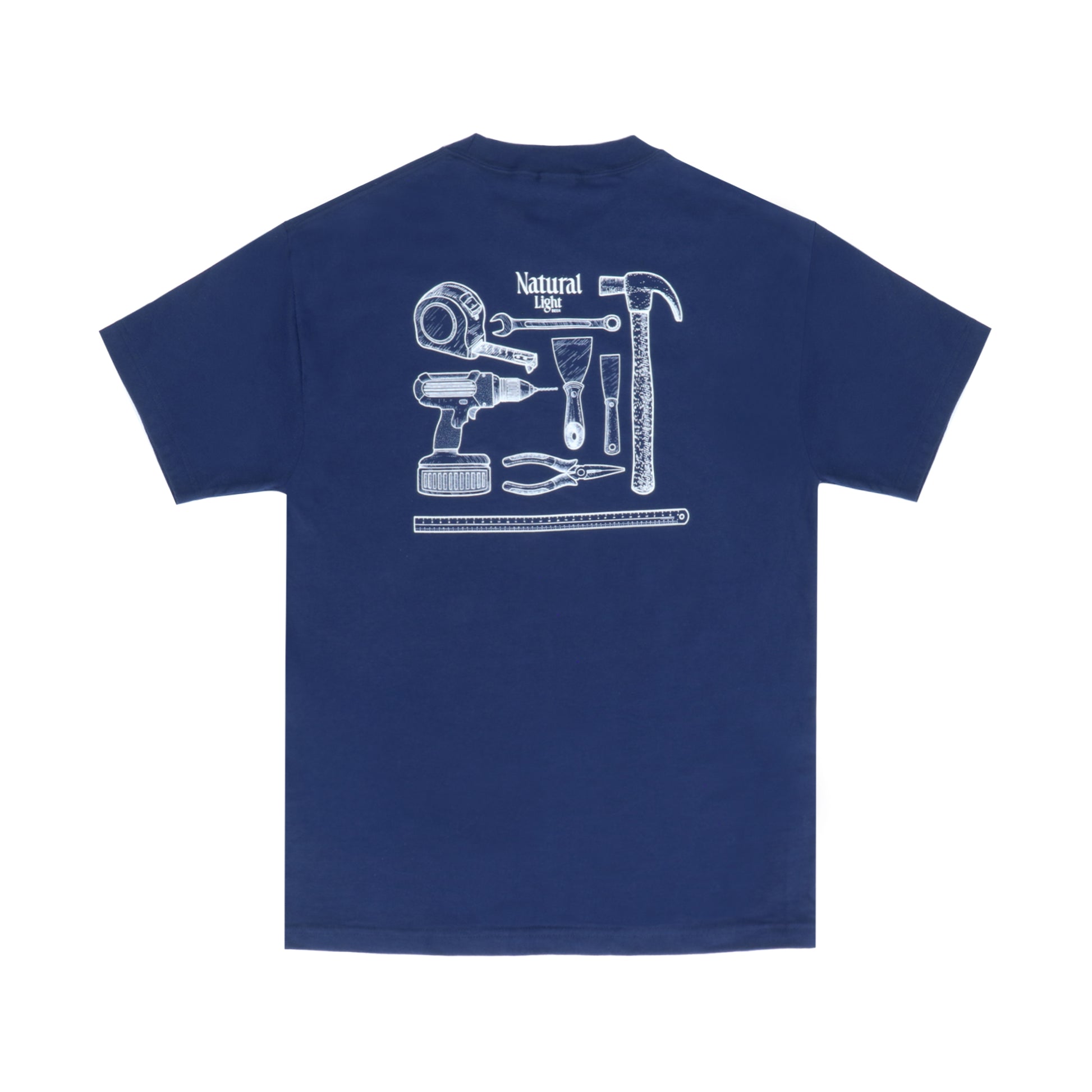 Navy blue t-shirt with white tool graphic on a white background