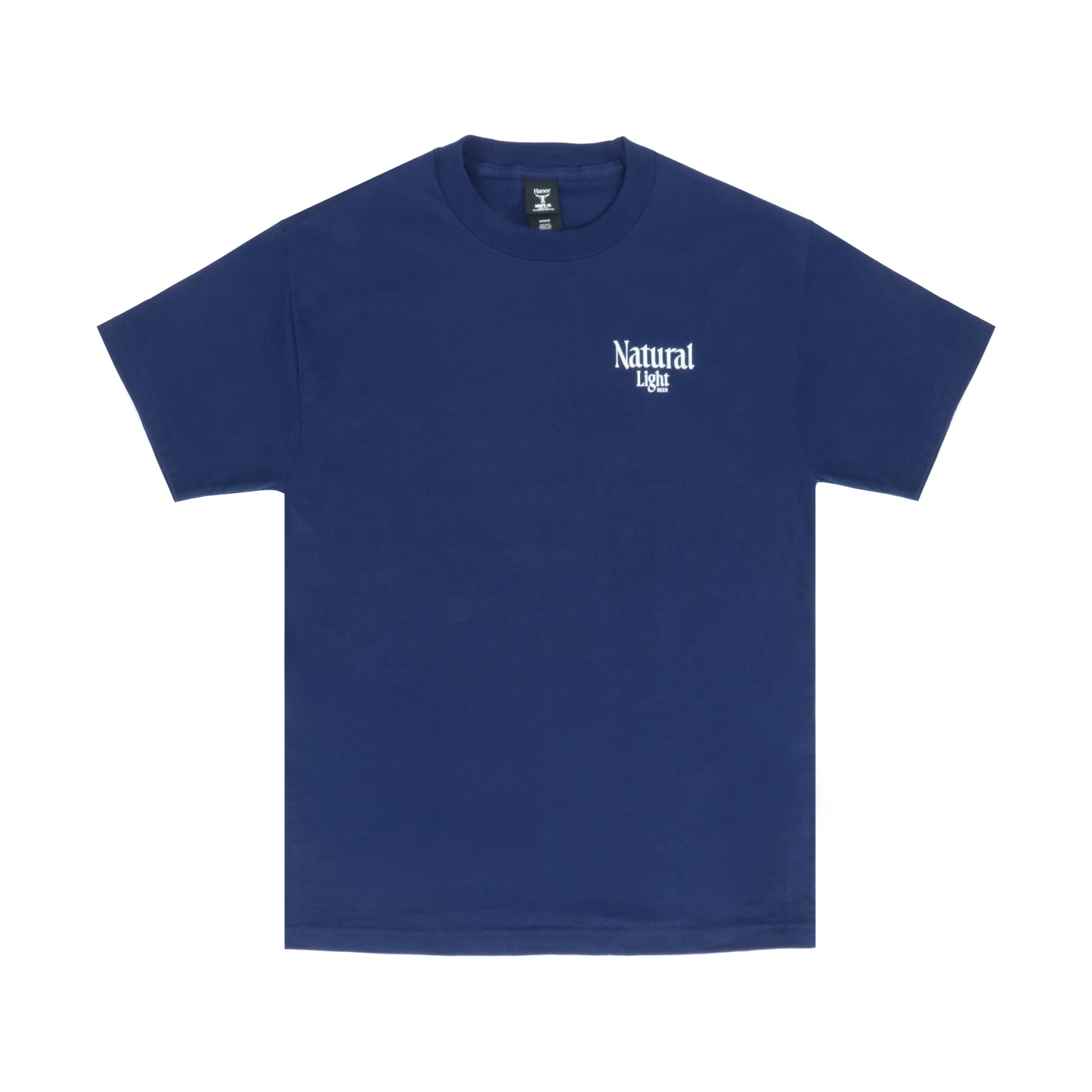 Blue t-shirt with 'Natural Light' logo on a white background