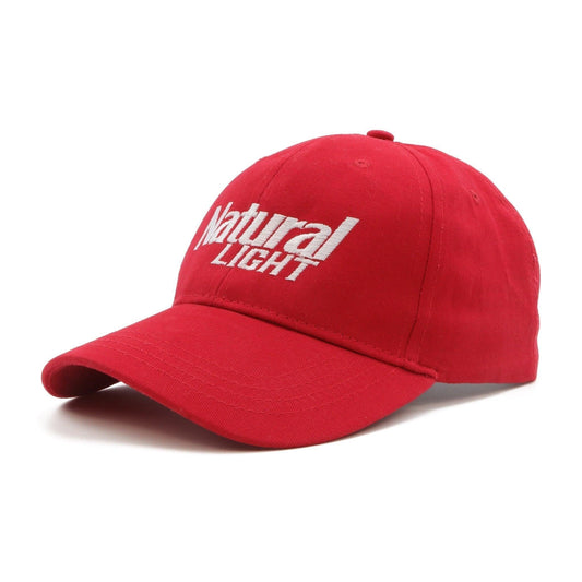 red hat with white natural light logo on front 