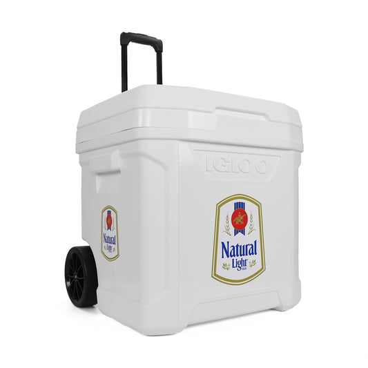 Front/side view of Natural Light Vintage 60qt Igloo Rolling Cooler