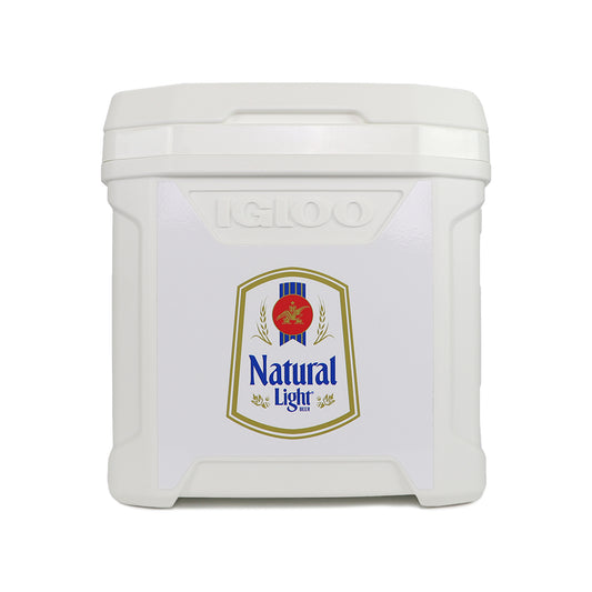 Front view of Natural Light Vintage 60qt Igloo Rolling Cooler