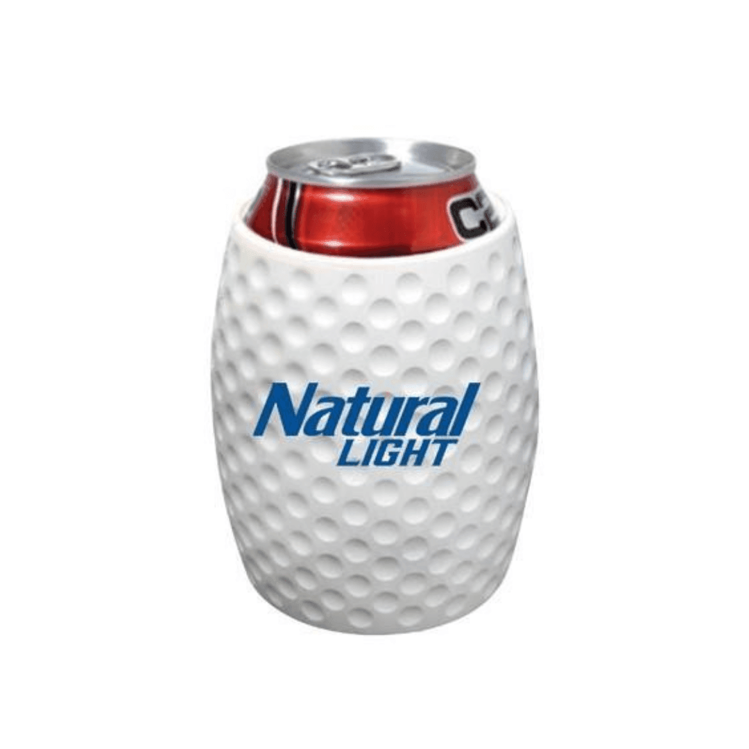 Foam natural light coolie that is egg shaped and looks like a golf ball