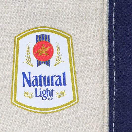close up of Natural Light Vintage logo screen printed on front of cooler 