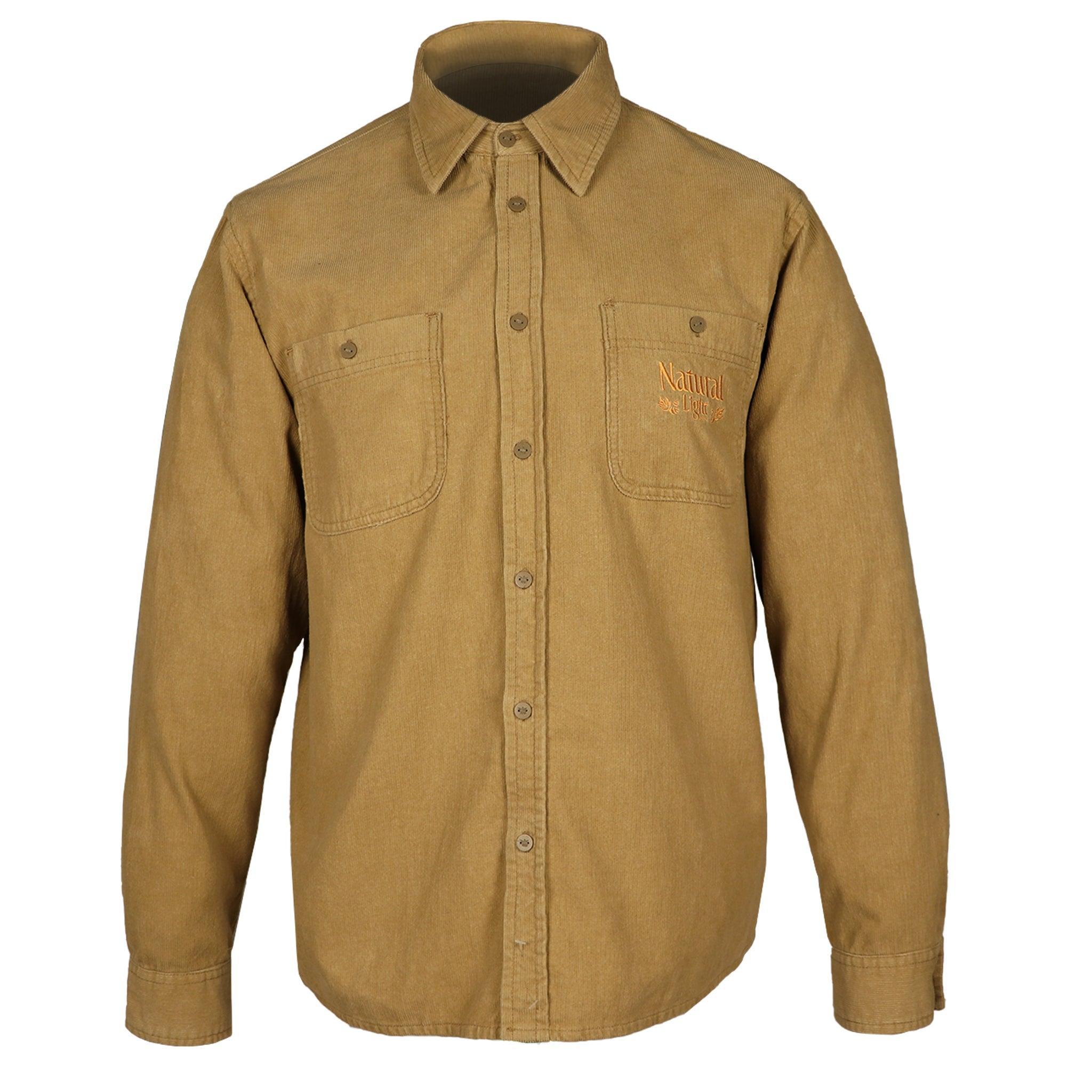 Tan corduroy long sleeve shirt with pockets on left and right chest. Vintage Natural Light logo on left chest pocket.