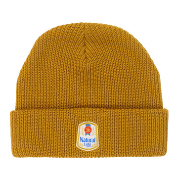 orange brown natural light beanie with vintage logo patch on front