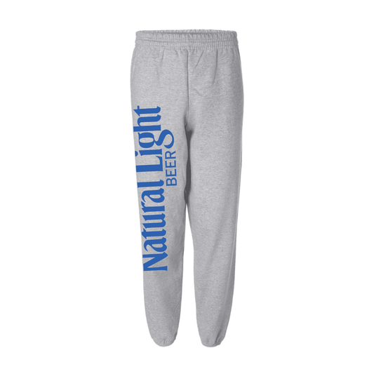 front of gray sweatpants with natual light beer on right leg 