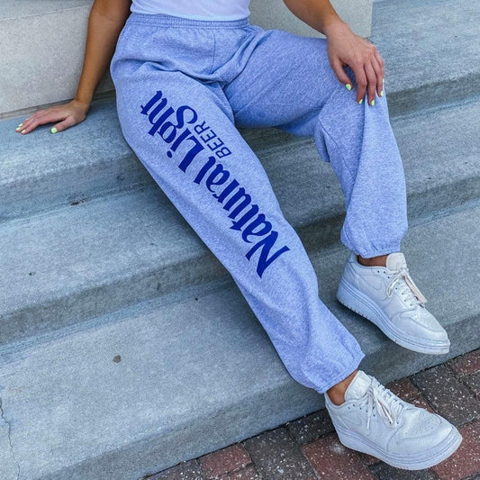 women wearing grey natural light beer sweatpants 