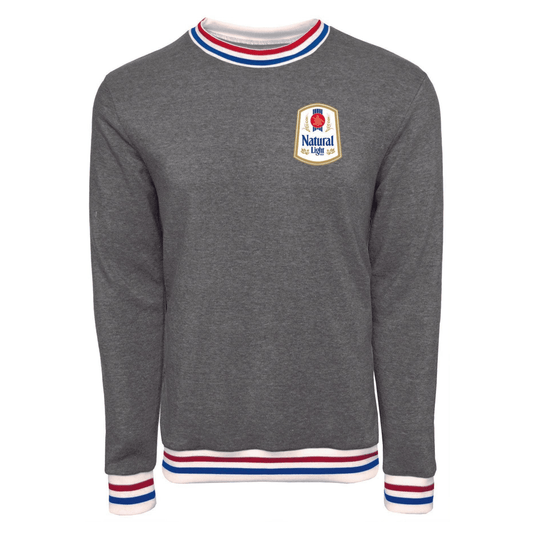 grey crewneck with Vintage Natural Light logo patch on front left chest of sweatshirt with red and blue striped cuffs and neckline.