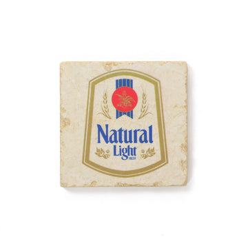 Cream colored square stone coaster with full color vintage natural light logo