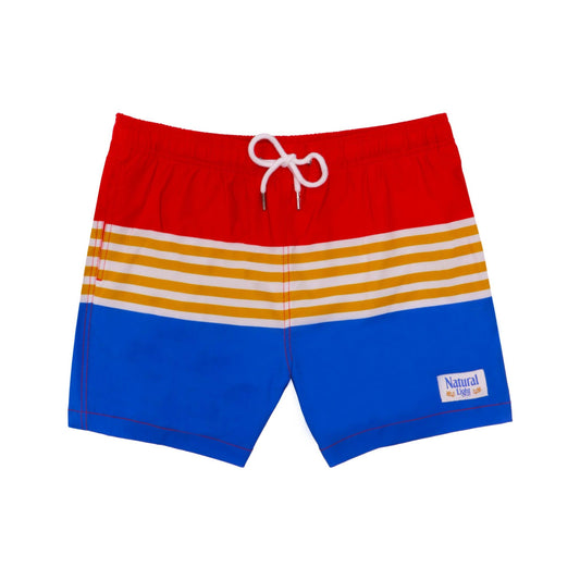 front of Natural Light Vintage Trunks. Red, gold and white stripes, and blue on bottom with Natural Light vintage logo patch on front left leg.