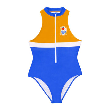 front of Natural Light ladies one piece swimsuit with zipper. Gold, white and blue with Natural Light Vintage logo on front left chest