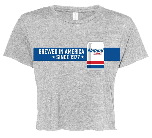 grey natural light womens american brewed crop t shirt  that says brewed in america since 1977