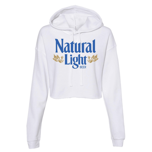 womens crop white hoodie with vintage natual light logo on chest 