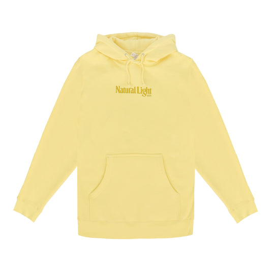 Front view of yellow Natural Light hoodie. Natural light across center chest