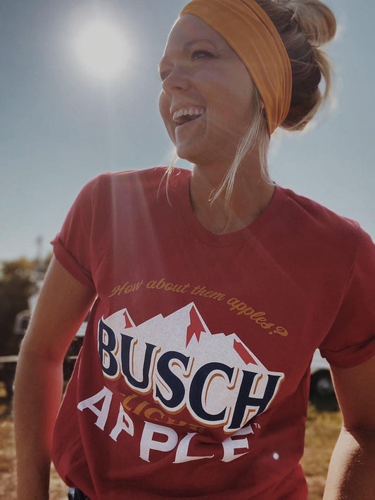 Woman Wearing Busch Light Apple Red T-shirt