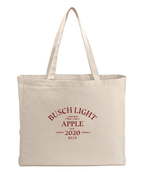 cream busch light apple tote bag