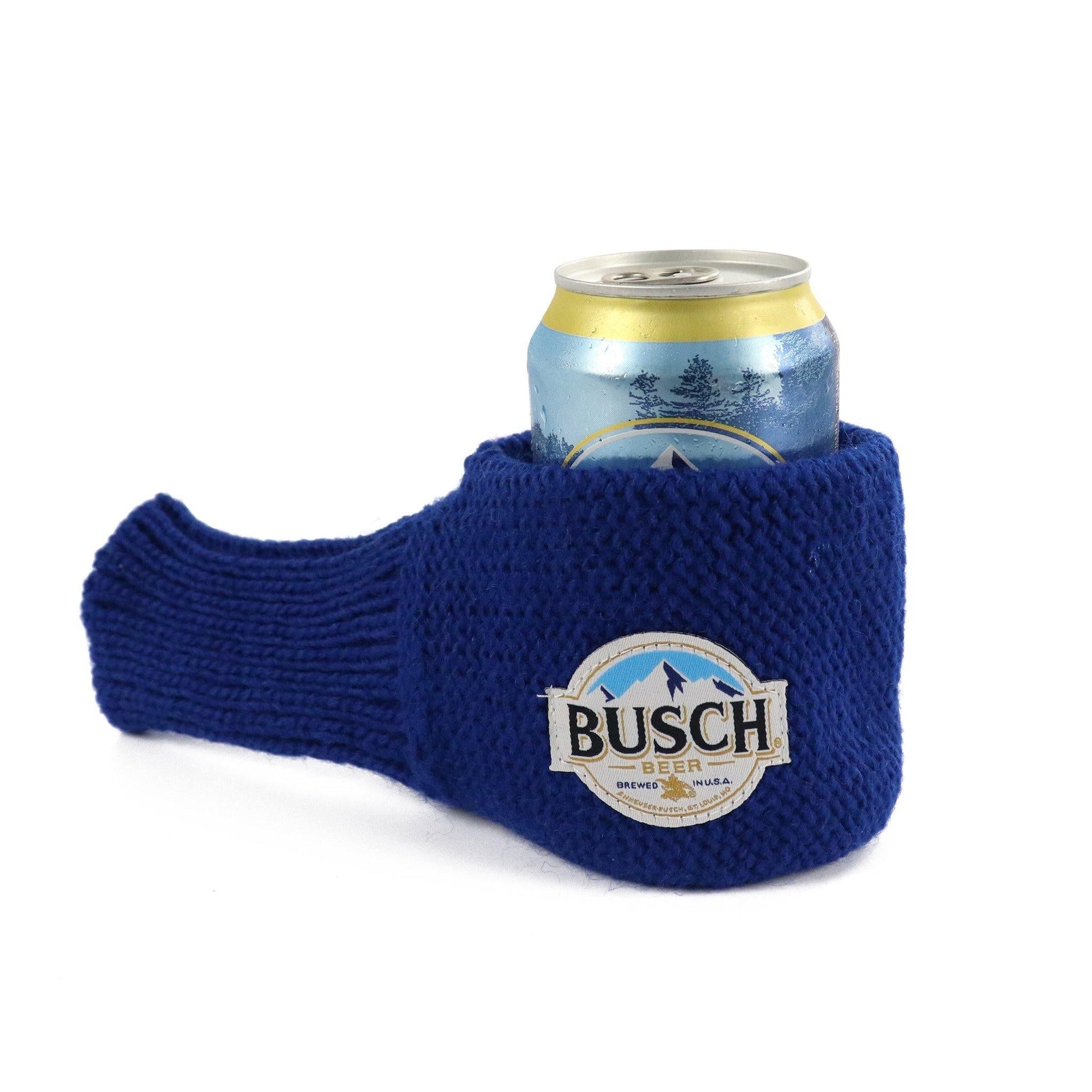 blue busch drinking glove with the busch logo 