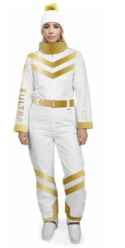 white and gold michelob ultra pure gold womens ski suit