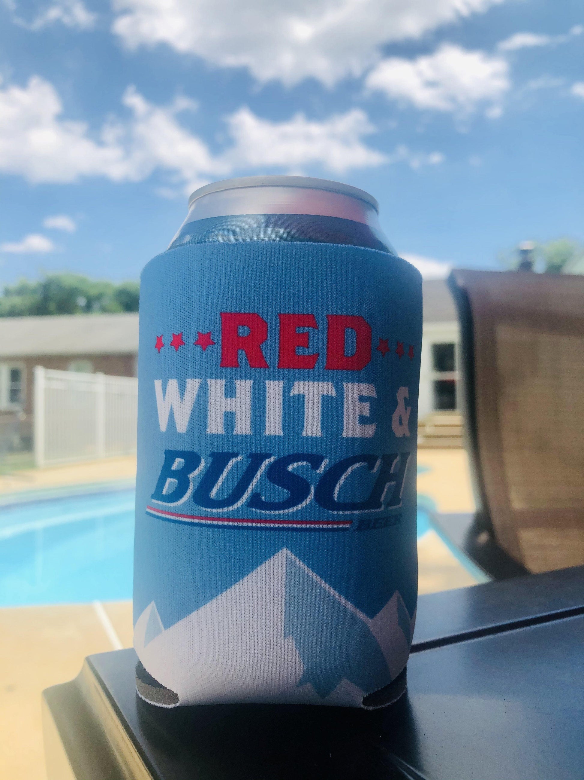 red white and busch can coolie
