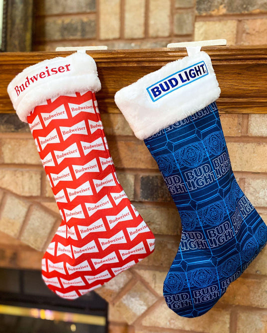 Bud Light & Budweiser Holiday Stocking on Fireplace Mantle