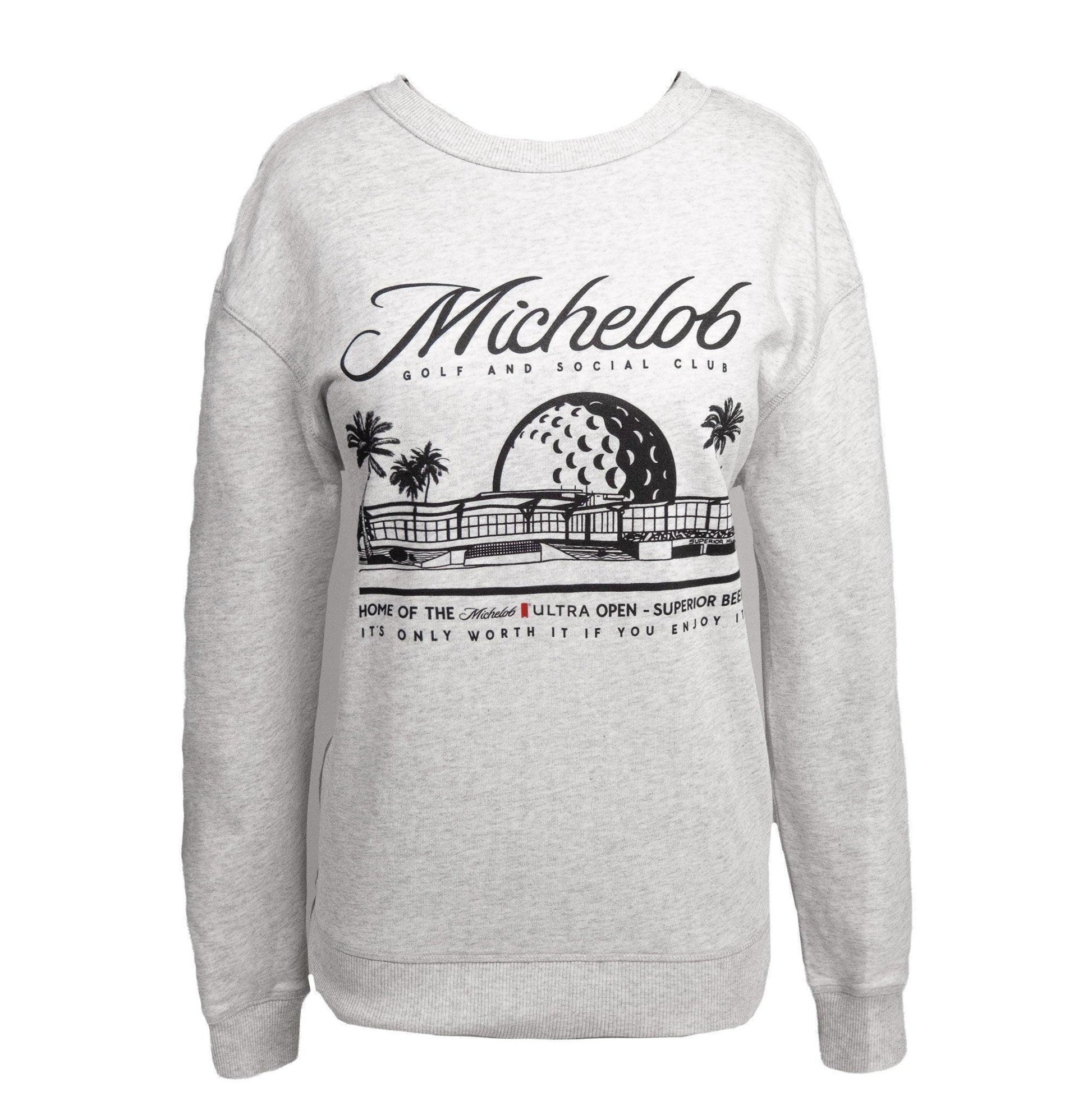 Front view of heathered grey Michelob Golf and Social Club crewneck