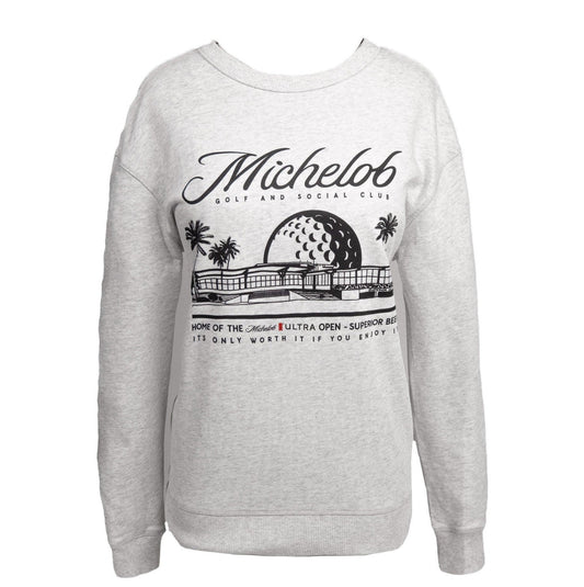 Front view of heathered grey Michelob Golf and Social Club crewneck
