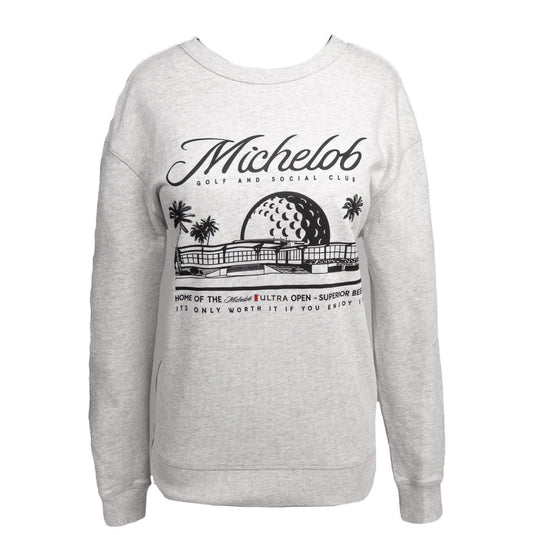 Front view of heathered grey Michelob Golf and Social Club crewneck