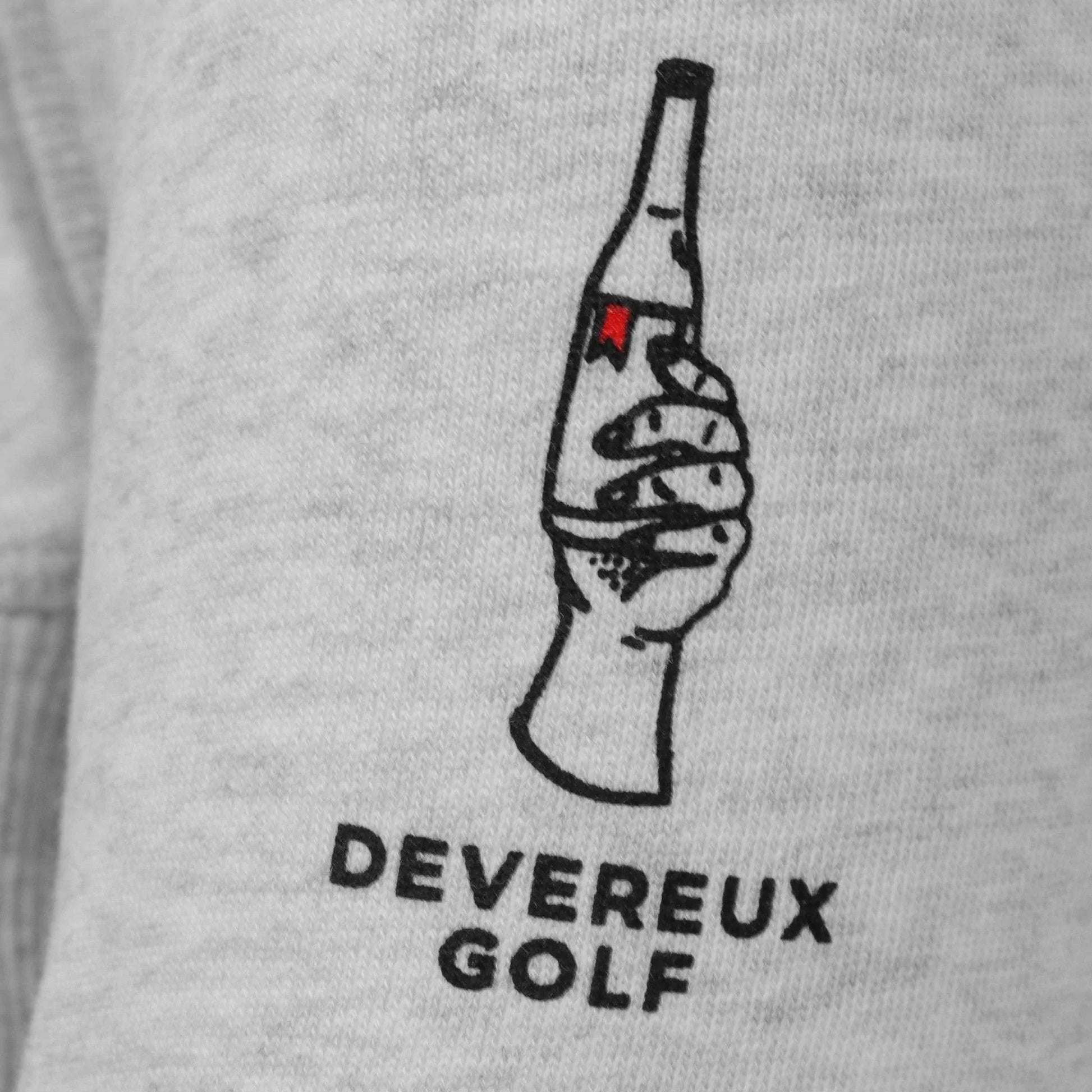 Close up of screen printed Devereaux Golf logo on sleeve