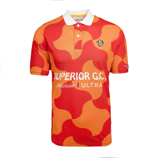 orange and red print polo with Superior G.C. Michelob ULTRA on front of polo with white collar and skull on front left chest