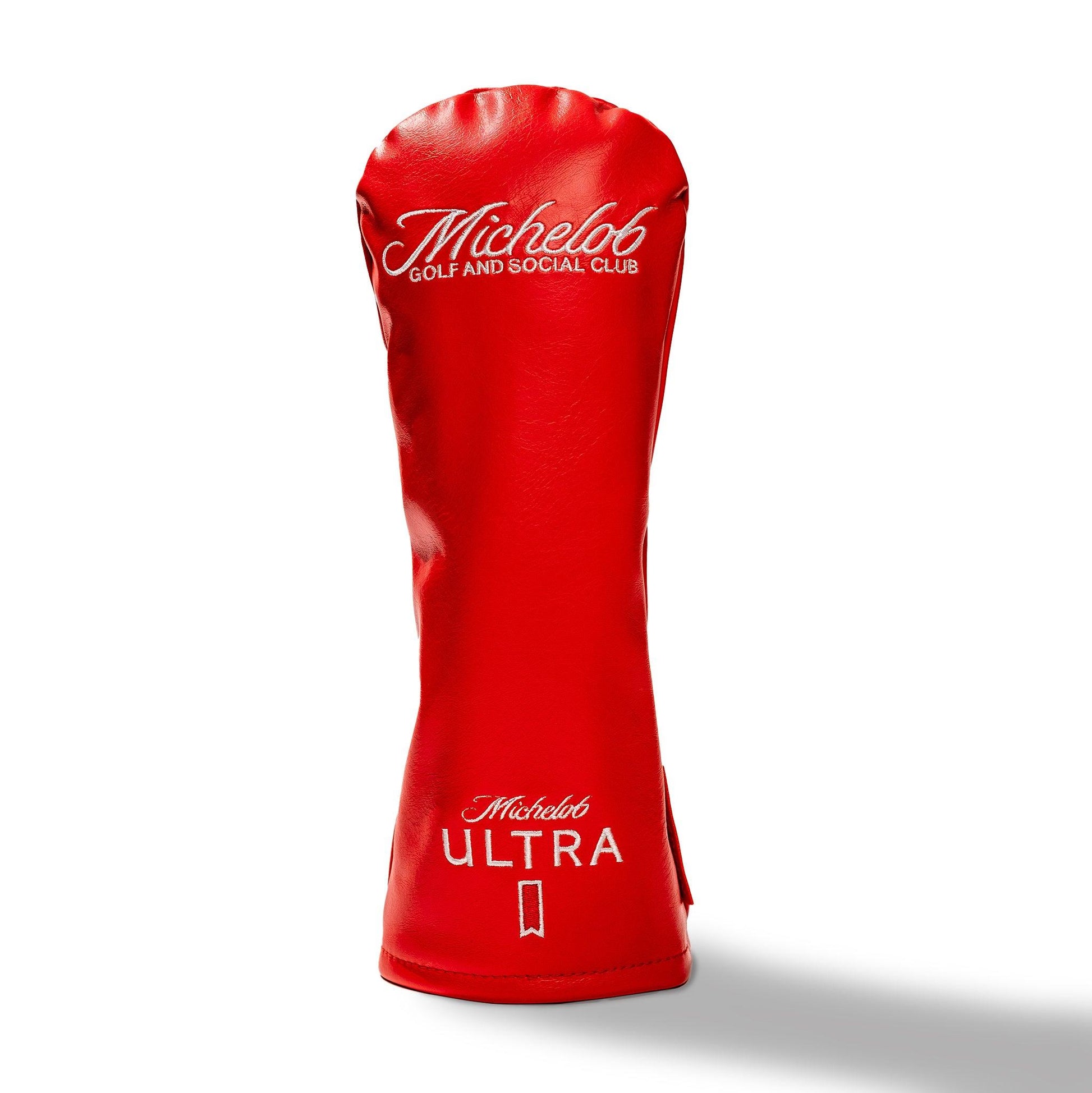 Red leather golf head cover with Michelob Golf and Social Club and Michelob ULTRA logos