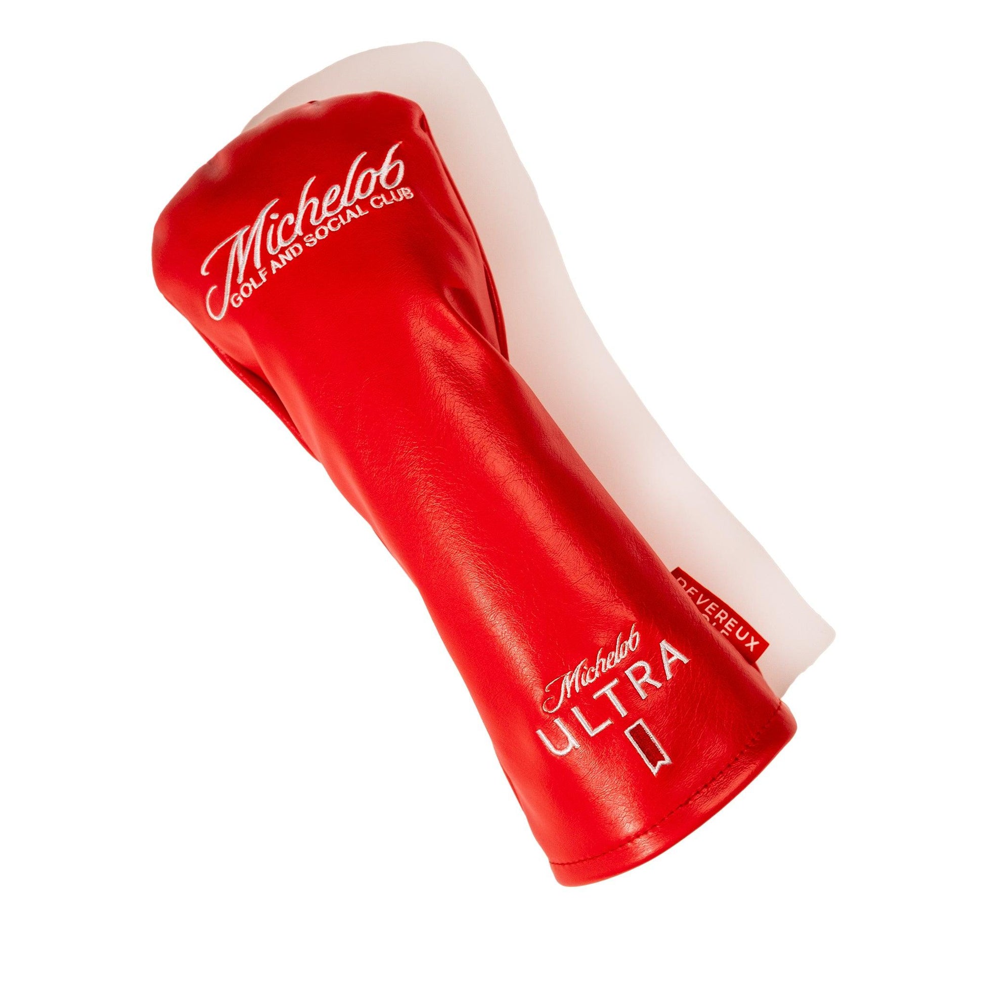 Red leather golf head cover with Michelob Golf and Social Club and Michelob ULTRA logos