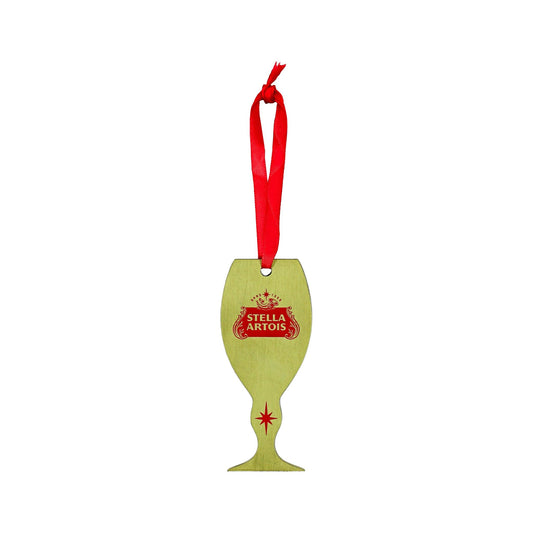 Front view of Stella Artois chalice ornament, hanging by a red ribbon, Stella Artois logo in center