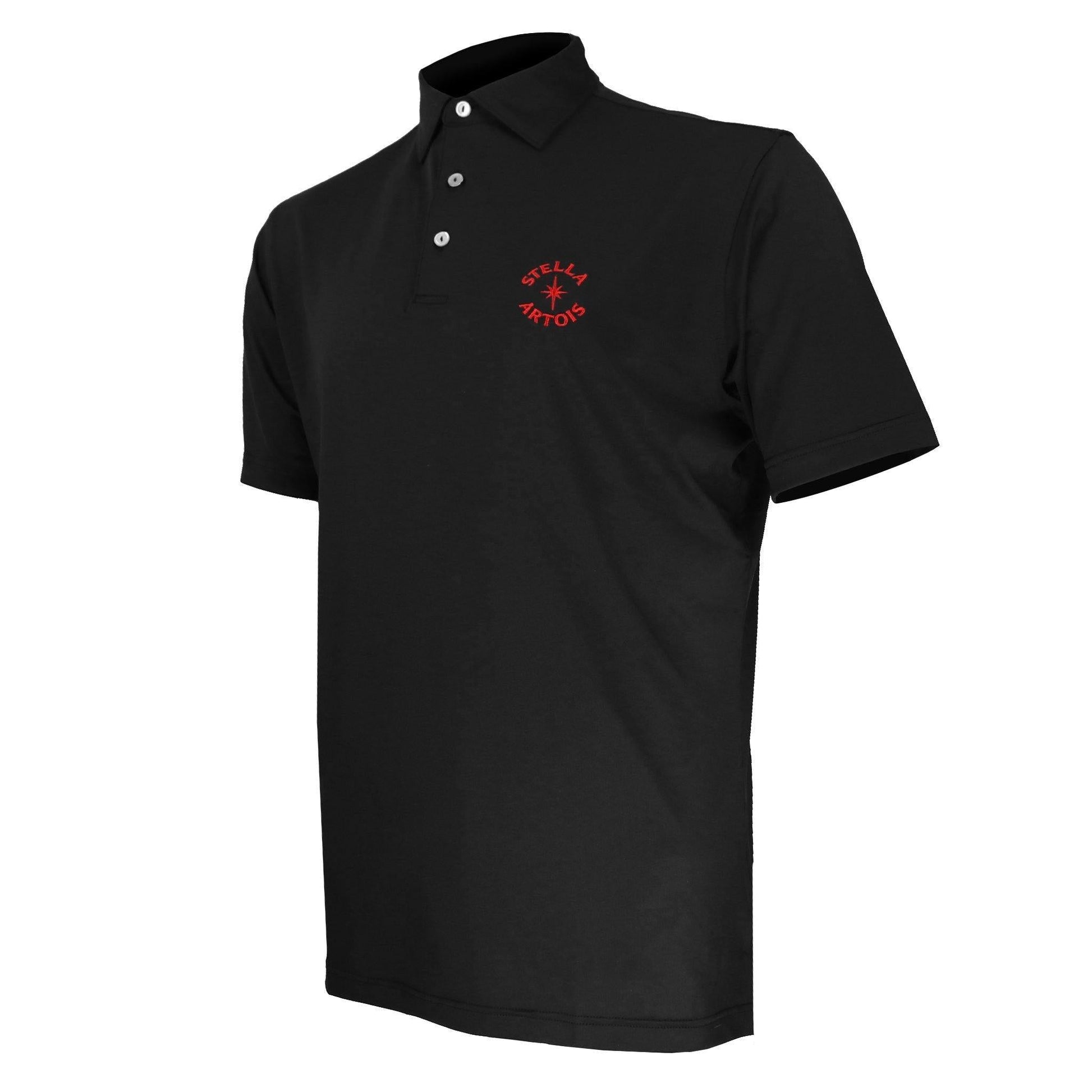black polo with stella artois logo on left chest 