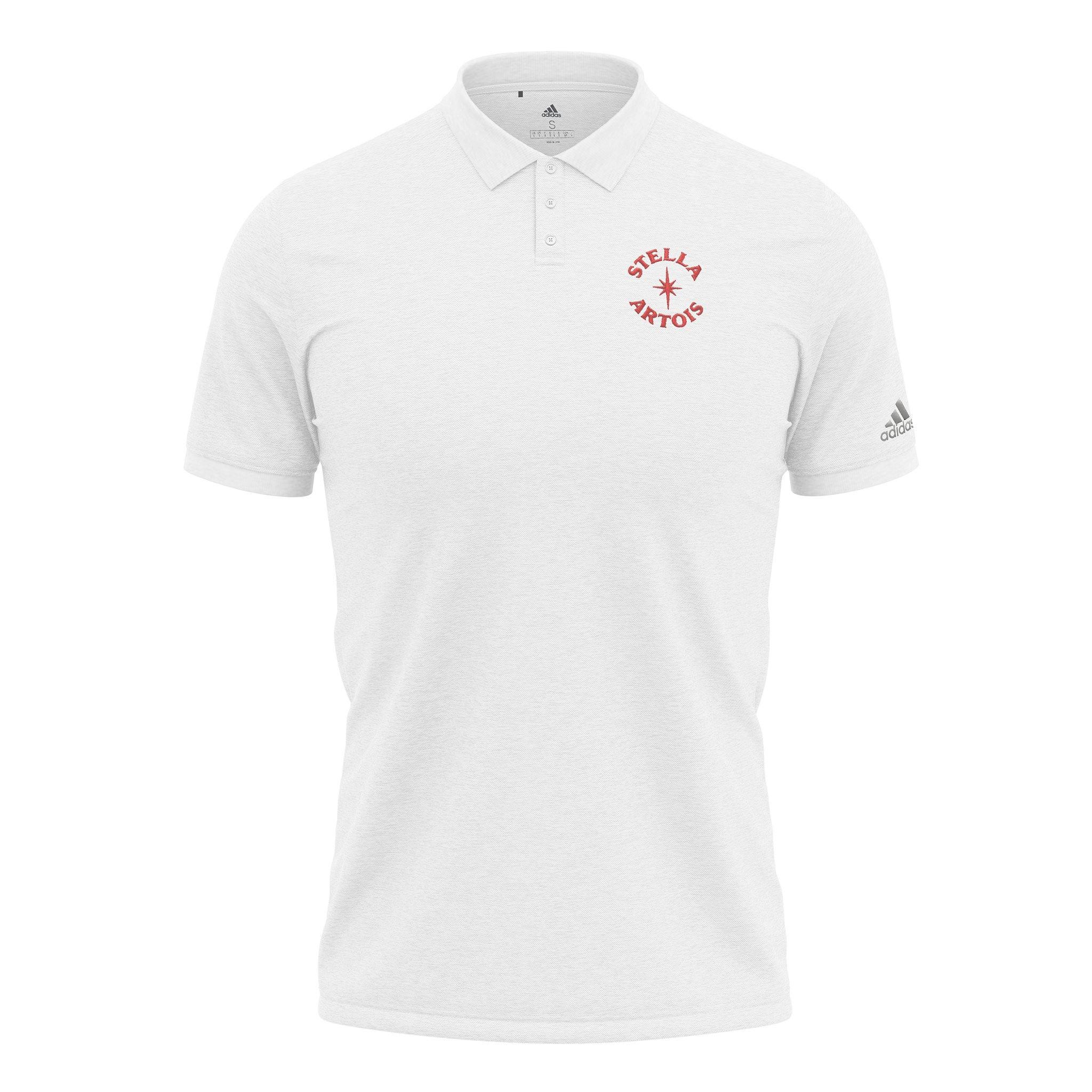 white stella artois polo with stella artois logo on the upper left chest area and the adidas logo on the left sleeve