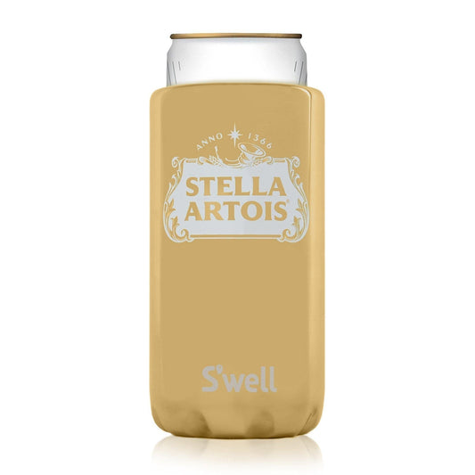 gold stella artois s'well chiller holding can of stella artois beer