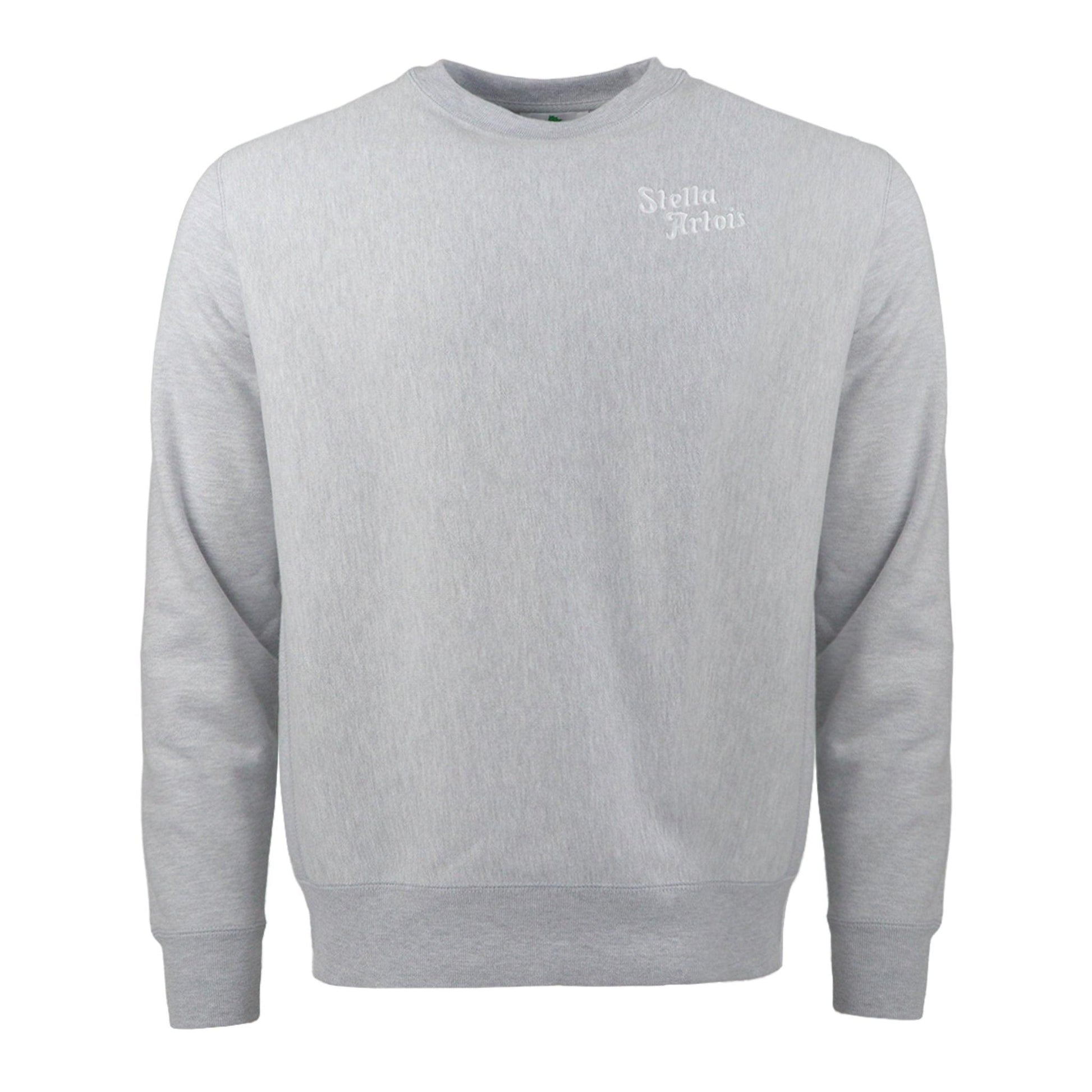 heathered gray crewneck sweatshirt with stella artois logo on front left chest of sweatshirt.