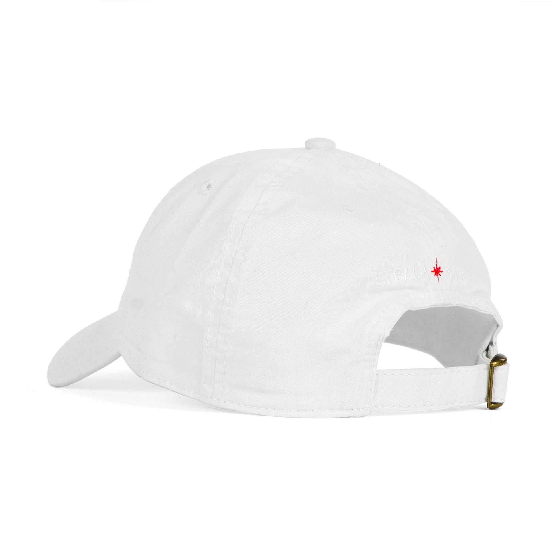Back of hat with Stella artois in white embroidery with the star in red with a metal clasp and adjustable strap